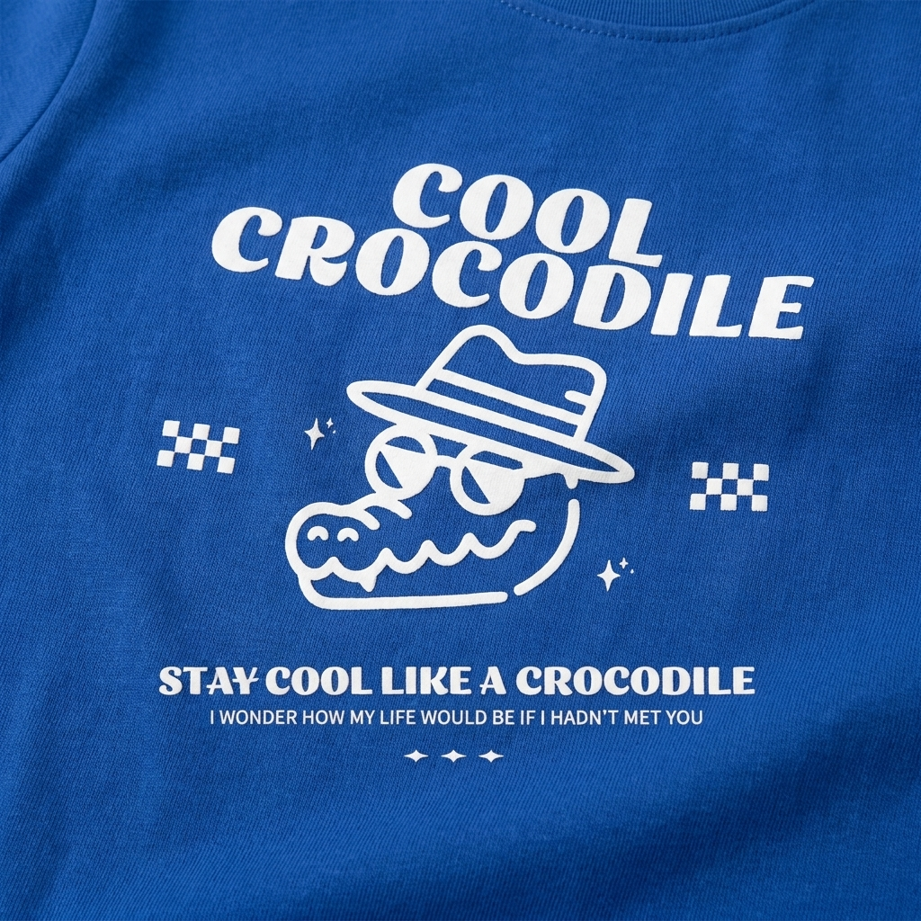 Imprimé Cool Crocodile en entier sur coton bleu vif - devise Stay Cool Like A Crocodile en blanc