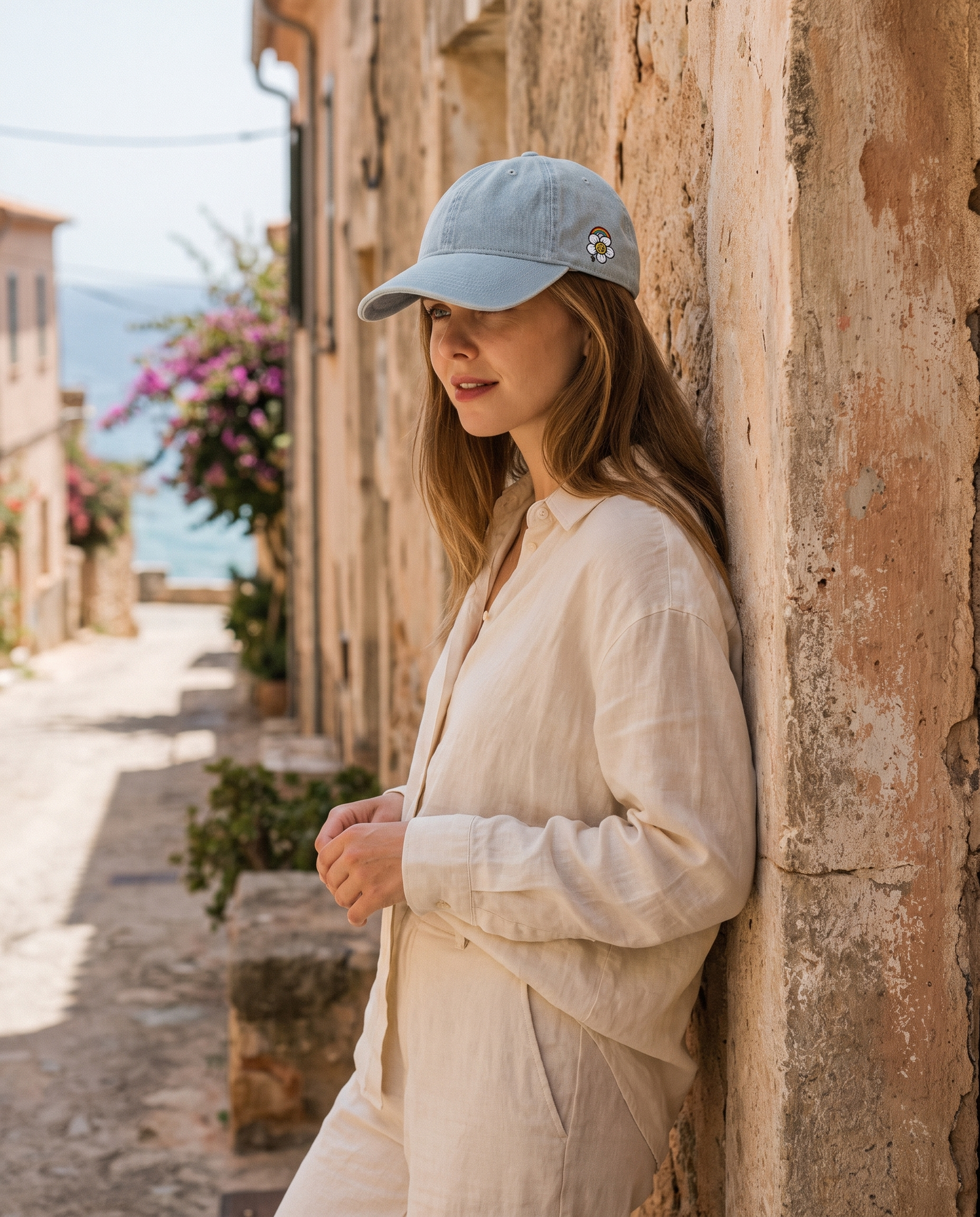 Femme portant une casquette en jean bleu clair brodée fleur, arc-en-ciel et peace, dans une ruelle méditerranéenne ensoleillée