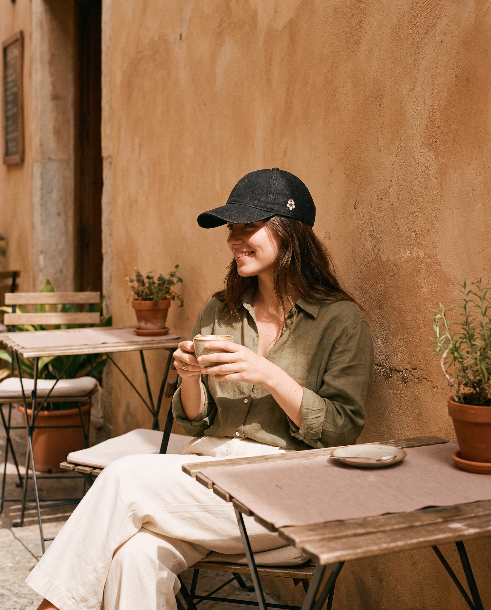 Femme portant une casquette en jean noire brodée fleur peace à la terrasse d'un café méditerranéen