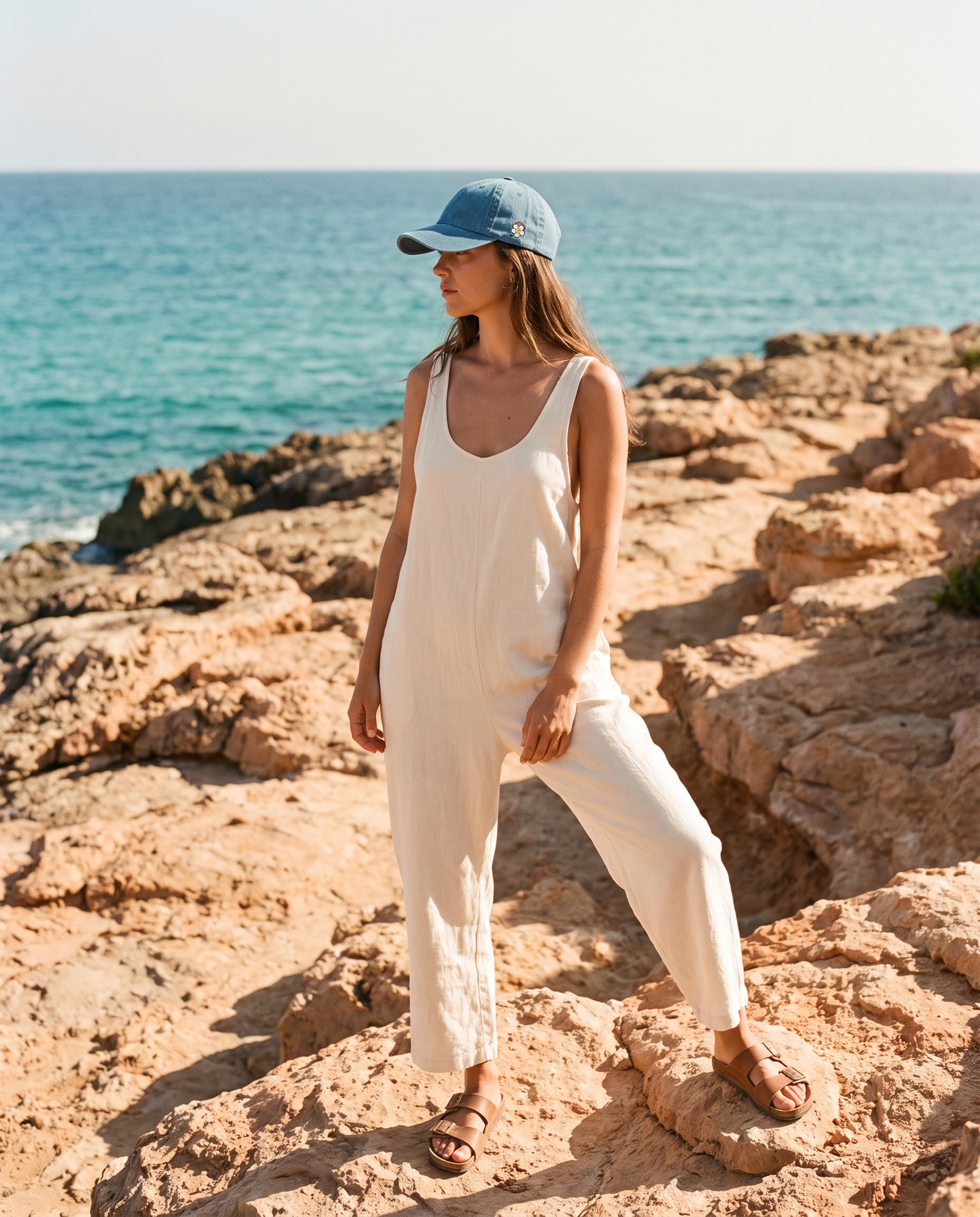 Femme portant une casquette en jean bleue brodée fleur peace au bord de la mer sur les rochers