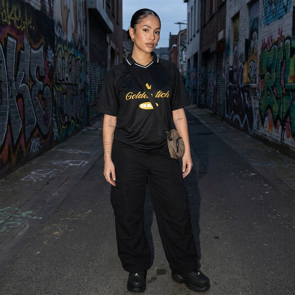 Femme en maillot de foot Golden Tich noir – tenue complète cargo, ruelle graffiti, lifestyle urbain BXL
