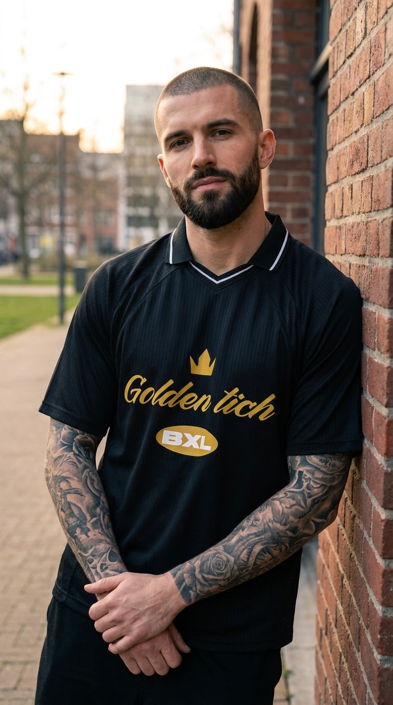 Maillot Golden Tich noir porté en extérieur – homme appuyé contre un mur de briques, ambiance BXL, floquage doré