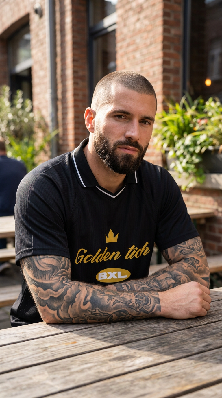Homme portant le maillot Golden Tich noir en terrasse – lifestyle streetwear bruxellois, design doré BXL