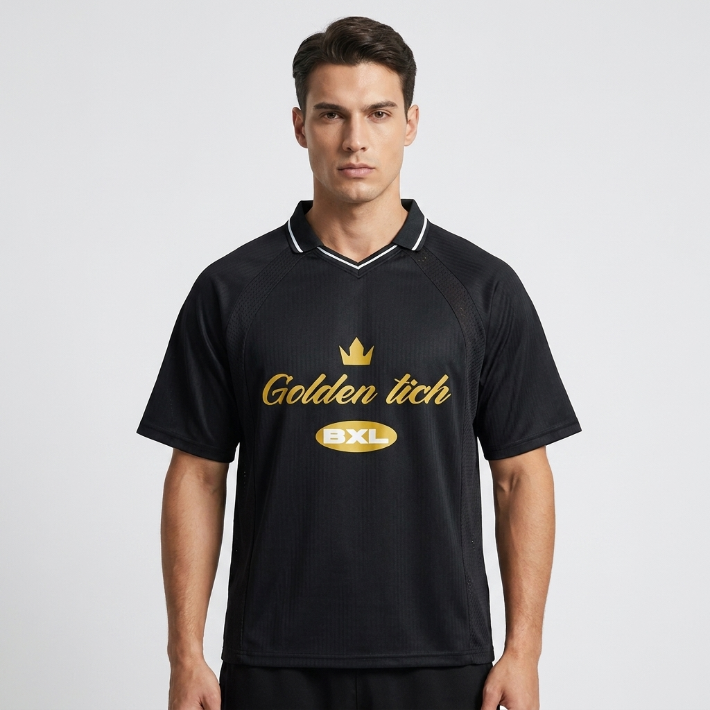 Homme en maillot de foot Golden Tich noir – coupe oversize, design doré couronne et badge BXL Bruxelles