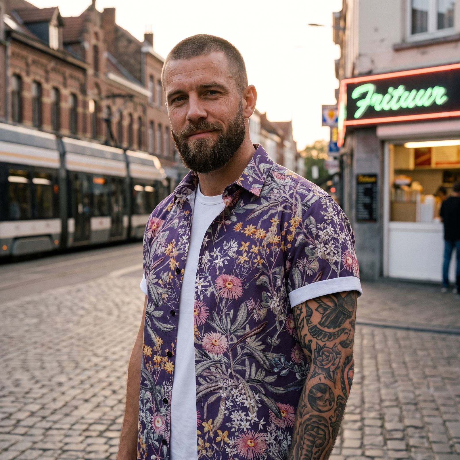 Chemise homme manches courtes à fleurs portée en streetwear dans une rue de Bruxelles