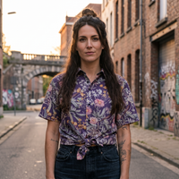 Chemise à fleurs portée par une femme en streetwear urbain à Bruxelles
