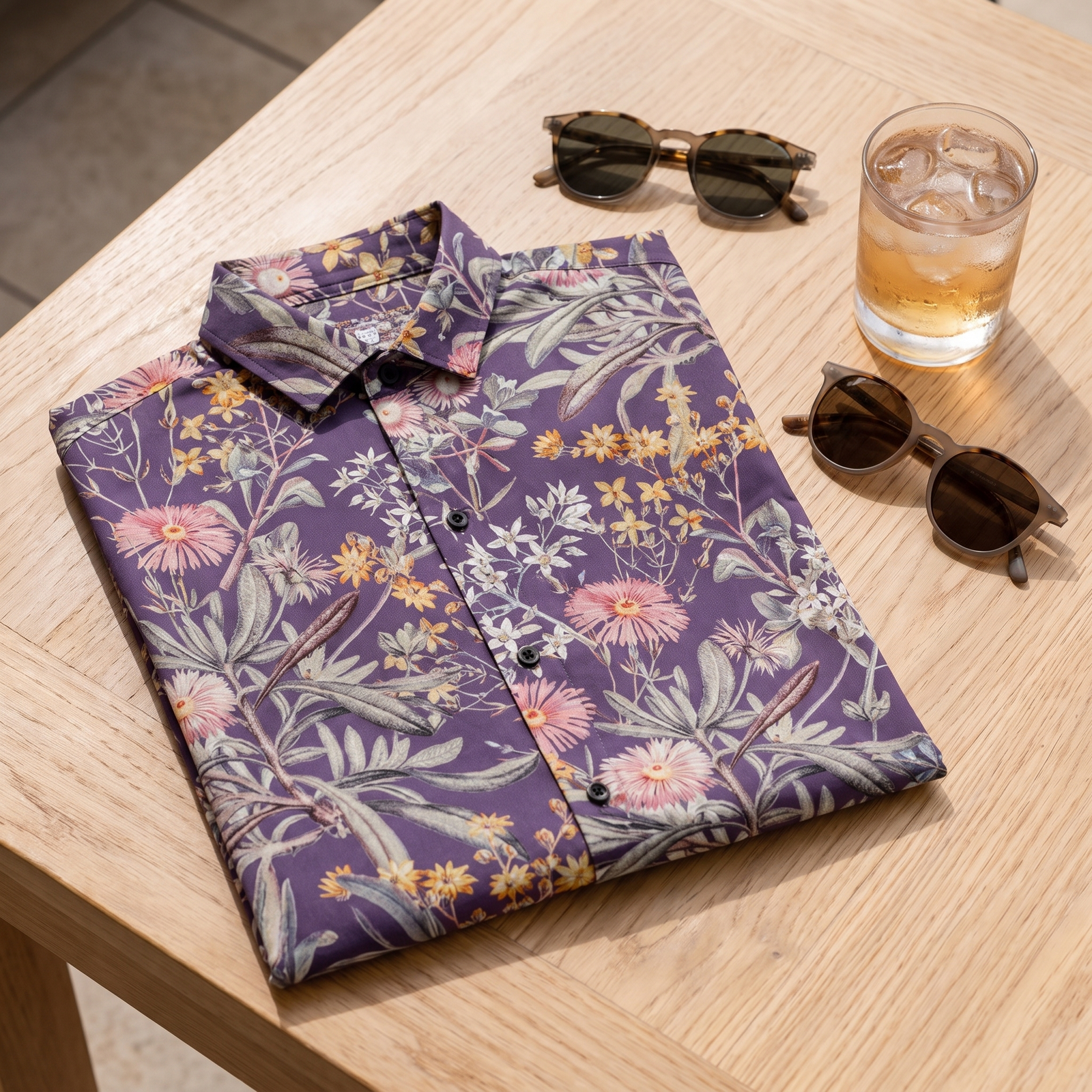 Chemise à fleurs pliée avec lunettes de soleil et boisson d'été