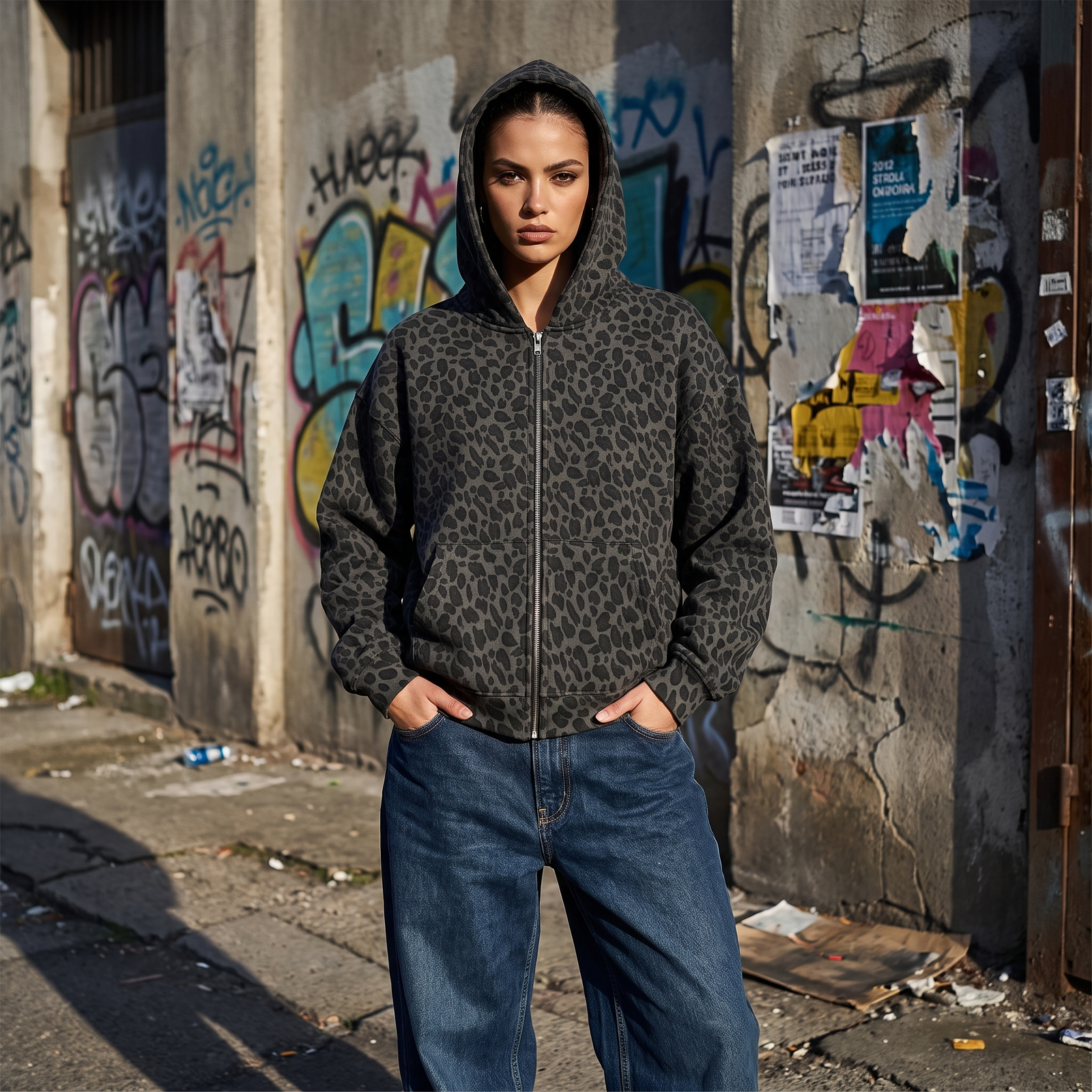 Hoodie léopard zippé oversize femme streetwear - look urbain