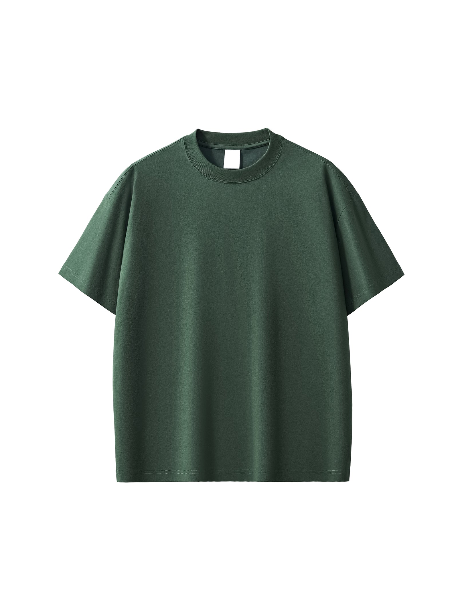 Gabarit vert foncé du t-shirt oversized Sorona vu de face, coupe loose et col rond côtelé