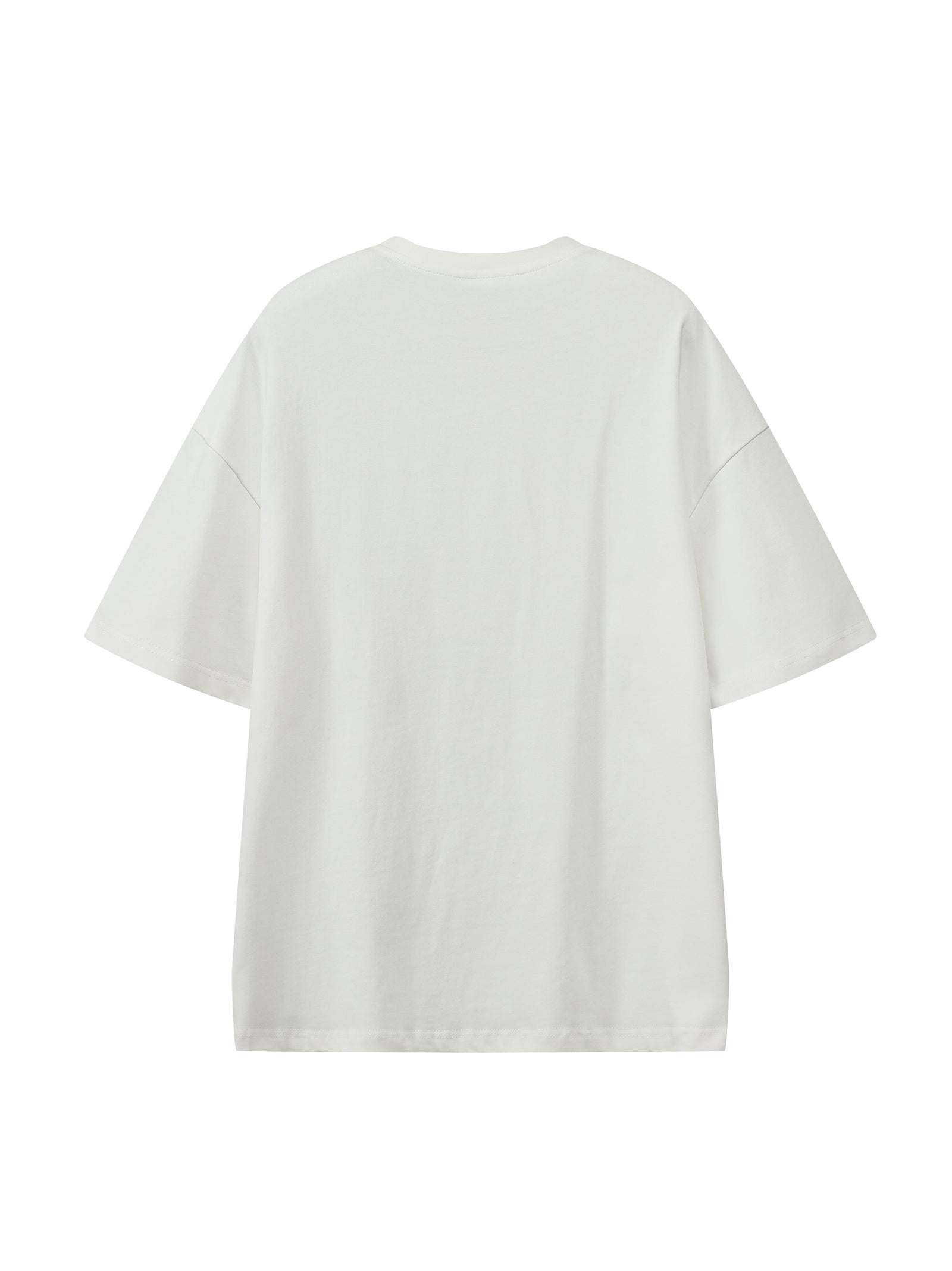 Gabarit blanc du t-shirt oversized 330 g/m2 vu de dos - épaules tombantes et tombé droit du jersey