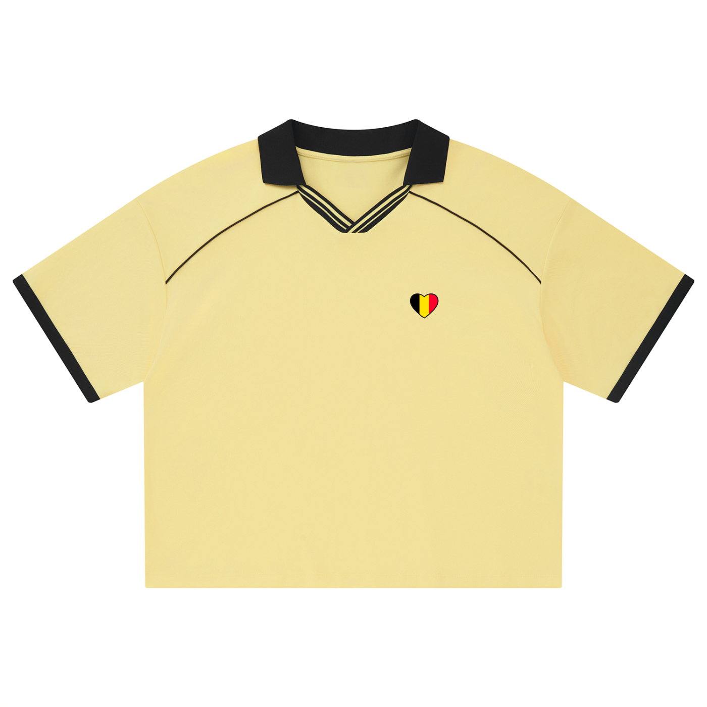 Maillot foot belge femme original – crop top jersey jaune vue de face avec cœur drapeau belge imprimé et col V rayé