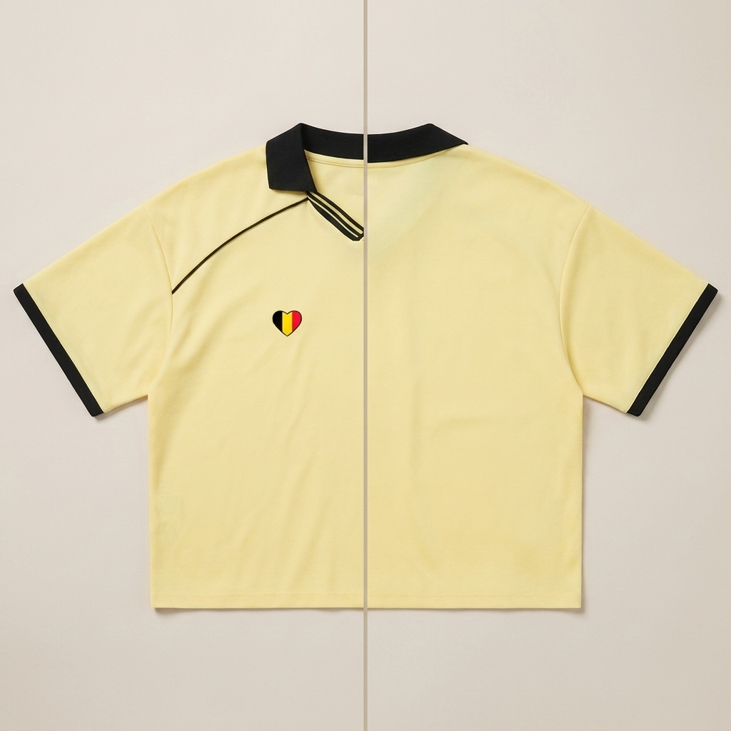 Design du maillot foot belge femme original vu de face et de dos – col V rayé noir et jaune, cœur Belgique imprimé