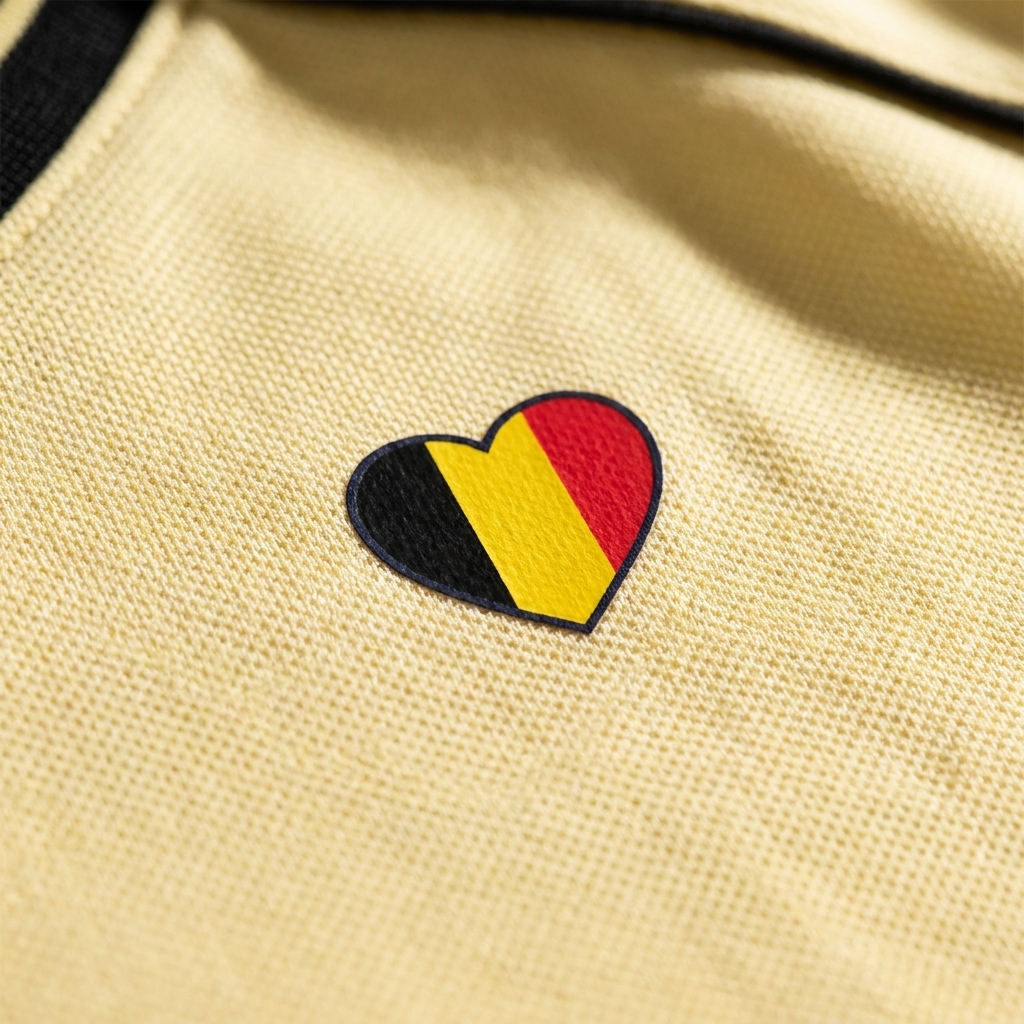 Macro du cœur drapeau belge noir jaune rouge imprimé sur la maille piquée du maillot foot belge femme original