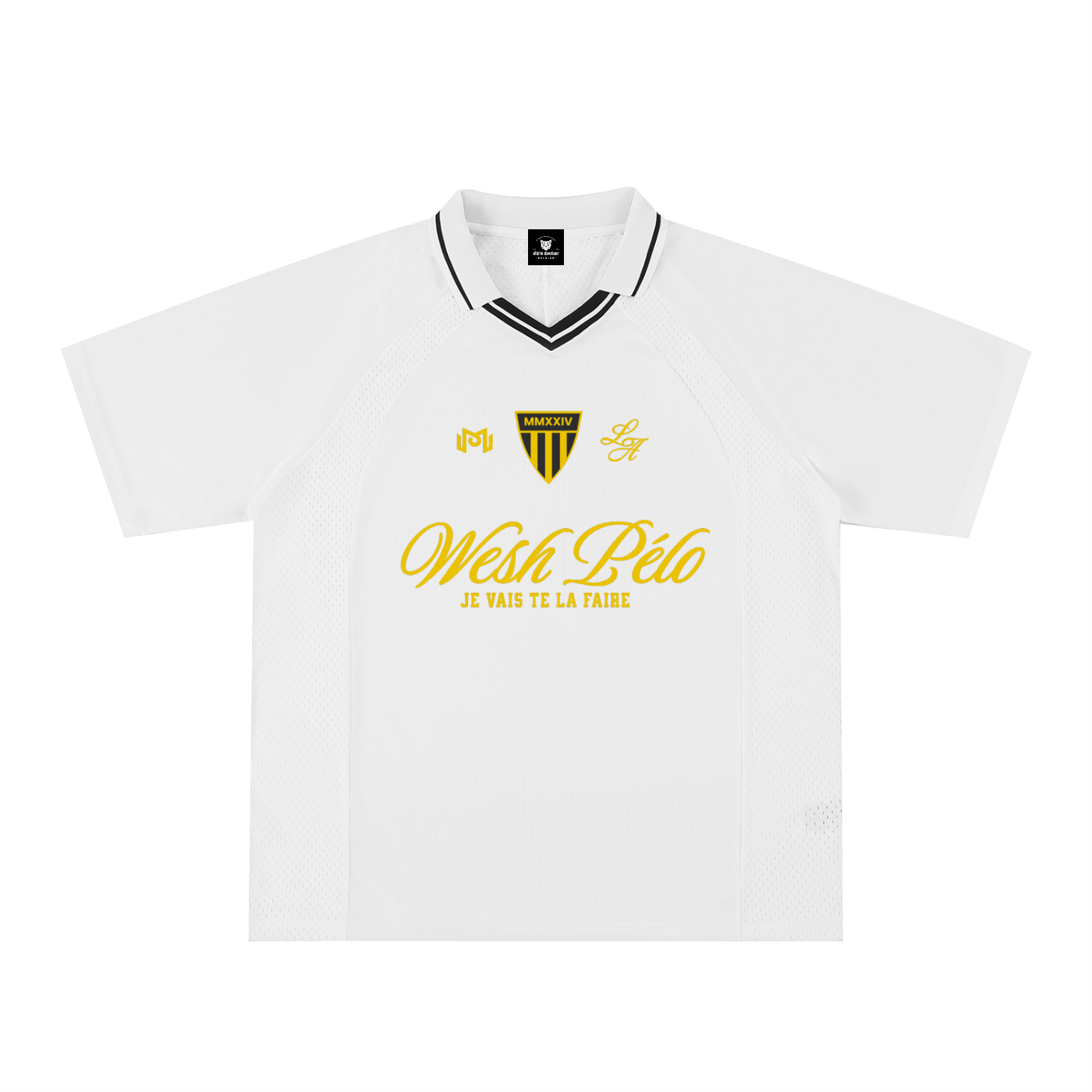 Maillot de foot oversize Wesh Pélo Heneni blanc col noir, face – CHT'M