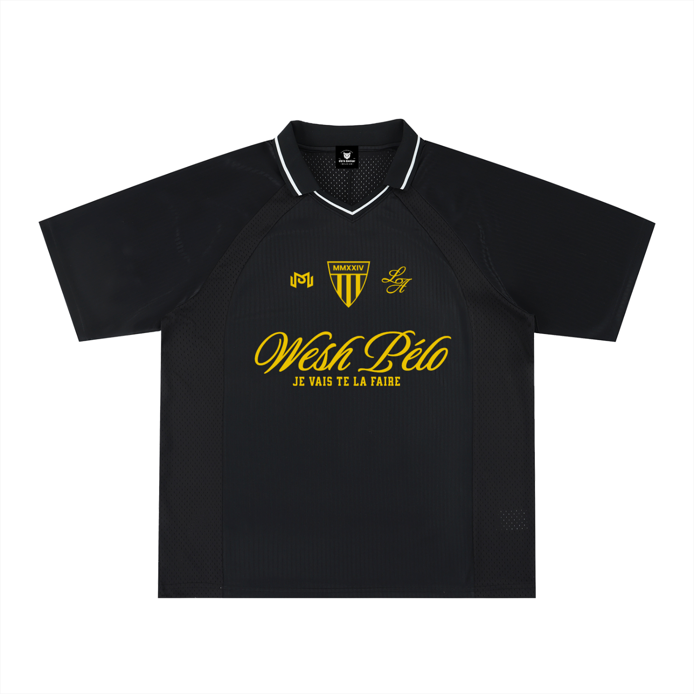 Maillot de foot oversize Wesh Pélo Heneni noir, face, col V blanc – CHT'M