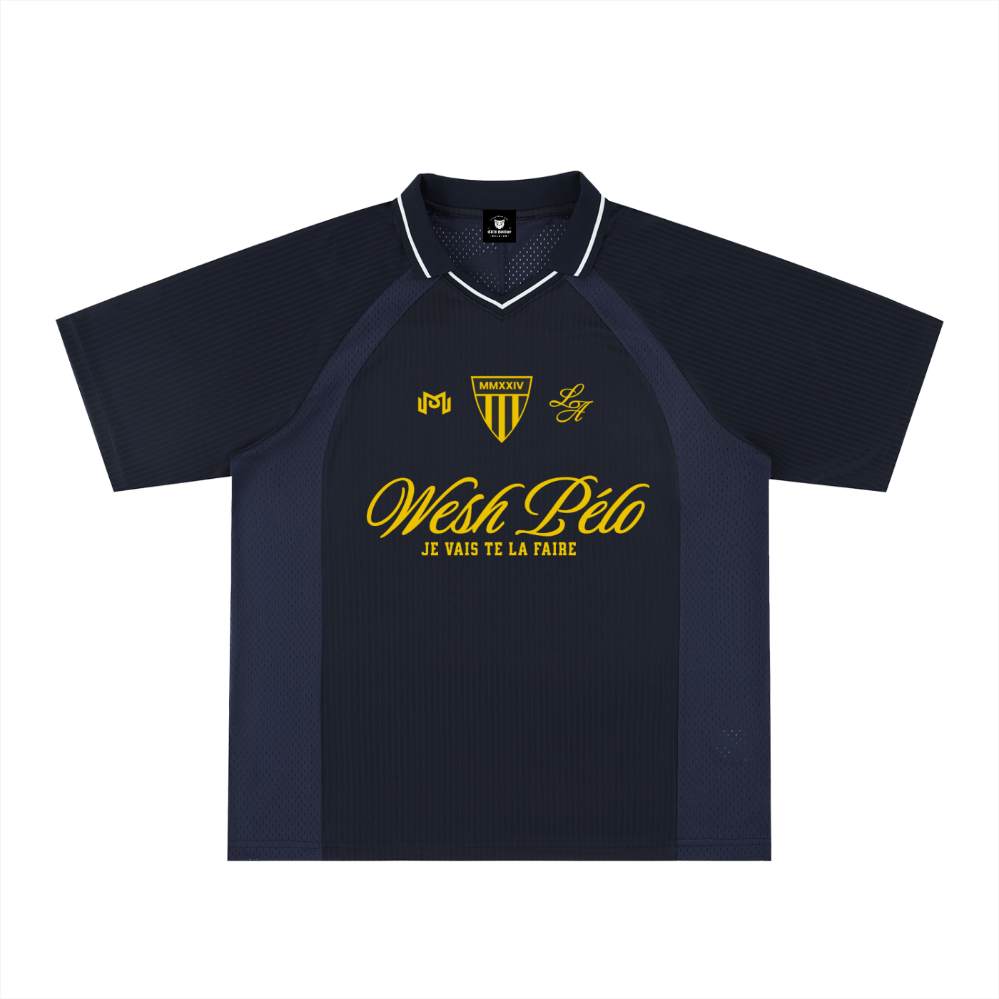 Maillot de foot oversize Wesh Pélo Je vais te la faire bleu marine, face, col V à liseré – CHT'M
