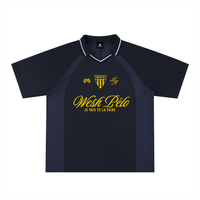 Maillot de foot oversize Wesh Pélo Je vais te la faire bleu marine, face, col V à liseré – CHT'M