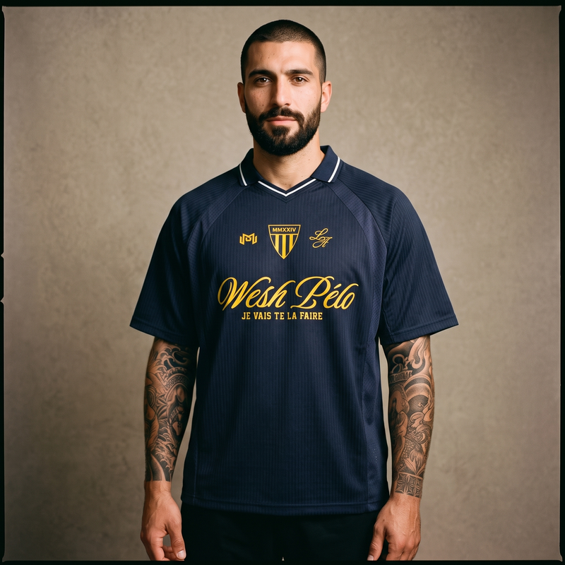Homme buzz cut et tatouages portant le maillot de foot streetwear oversize Wesh Pélo Heneni bleu marine – CHT'M