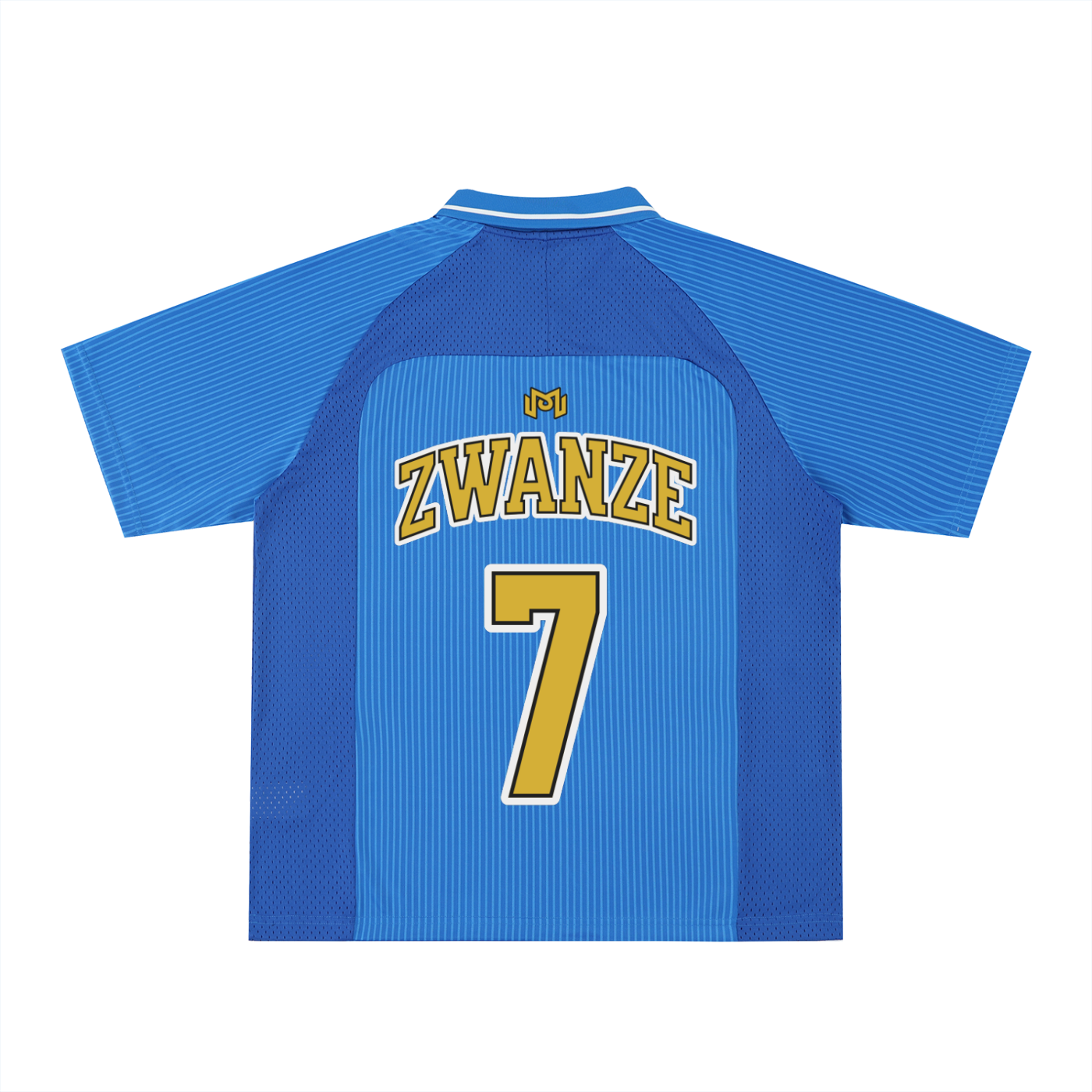 Maillot de foot streetwear Zwanze City bleu roi, vue de dos, floqué ZWANZE numéro 7 doré
