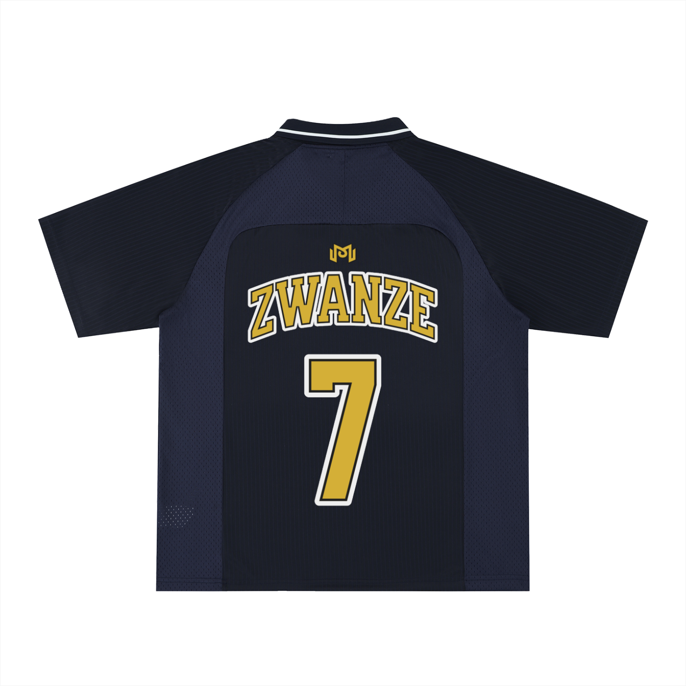 Maillot de foot streetwear Zwanze City marine, vue de dos, floqué ZWANZE numéro 7 doré