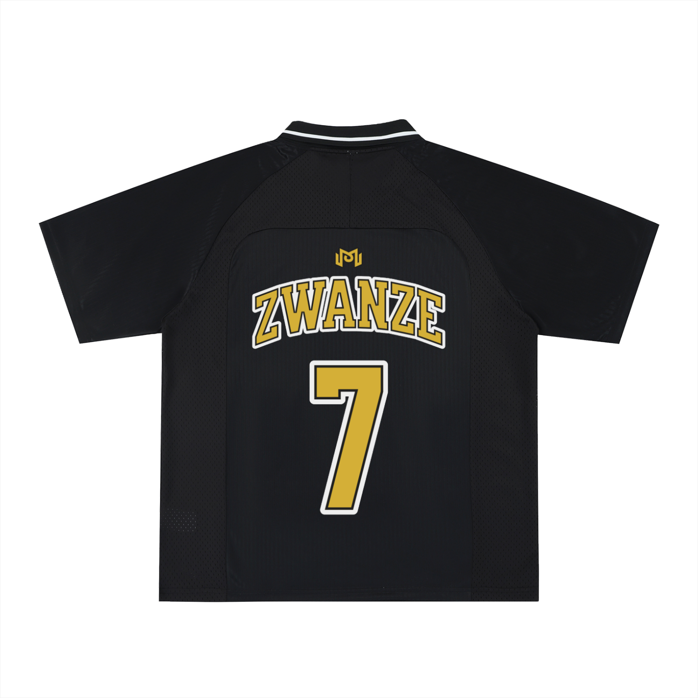 Maillot de foot streetwear Zwanze City noir, vue de dos, floqué ZWANZE numéro 7 doré