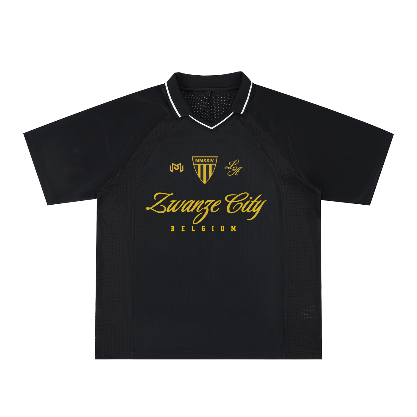 Maillot de foot streetwear Zwanze City Belgique noir, vue de face, col V et signature dorée