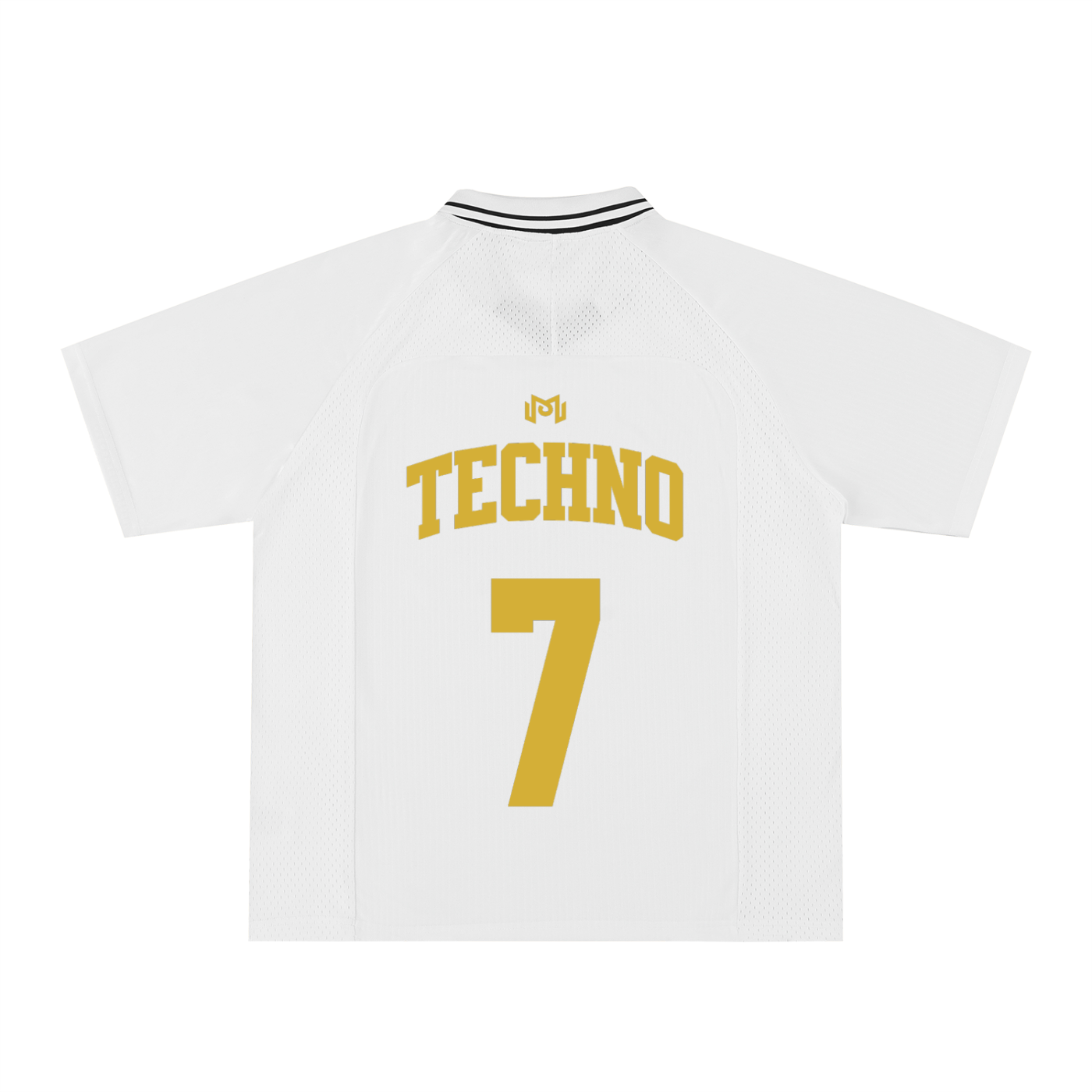 Dos du maillot foot techno blanc – TECHNO doré et numéro 7, monogramme couronne, maillot rétro streetwear