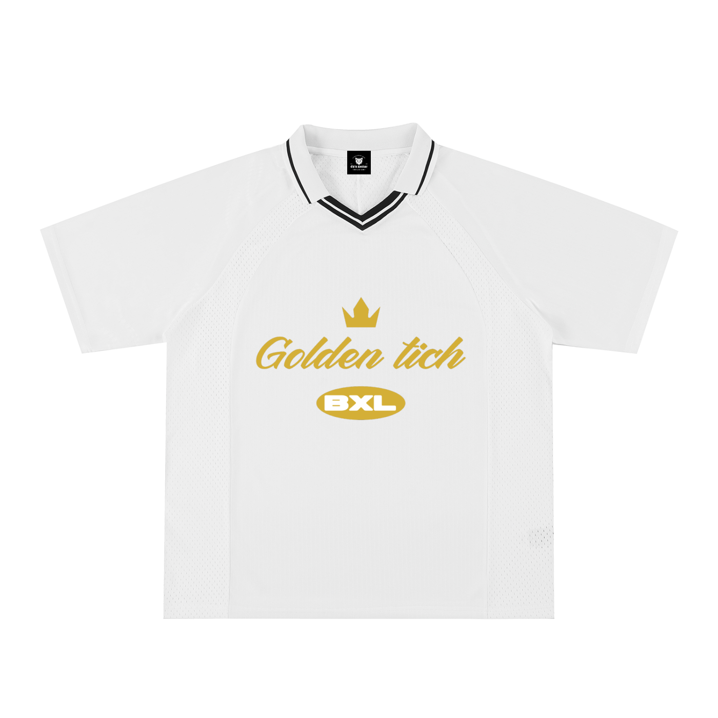 Maillot foot techno oversize blanc – jersey rétro rave Golden Tich, badge BXL doré, col V liseré noir