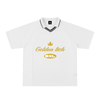 Maillot foot techno oversize blanc – jersey rétro rave Golden Tich, badge BXL doré, col V liseré noir