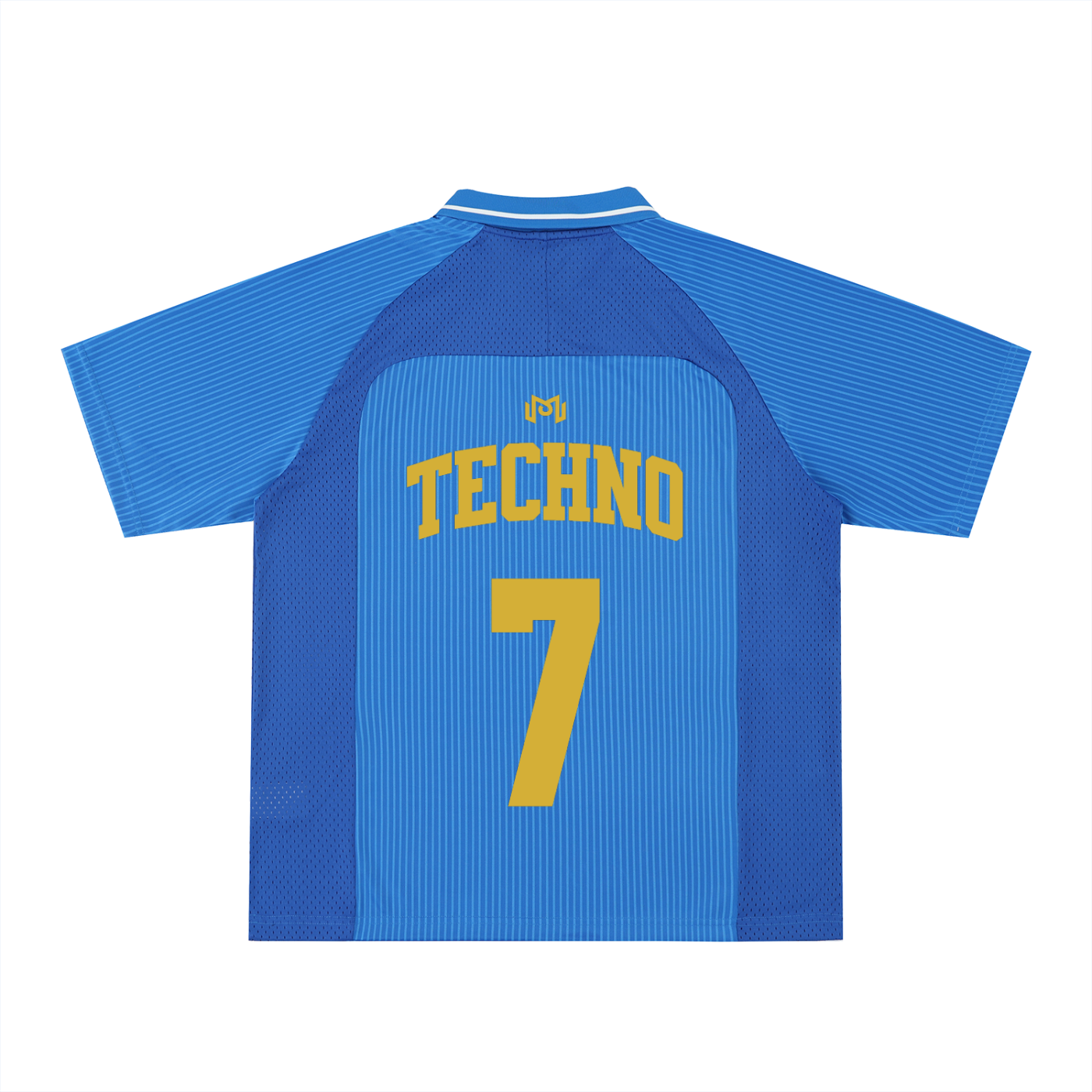 Dos du maillot foot techno bleu royal – lettrage TECHNO doré et numéro 7, style football rave streetwear