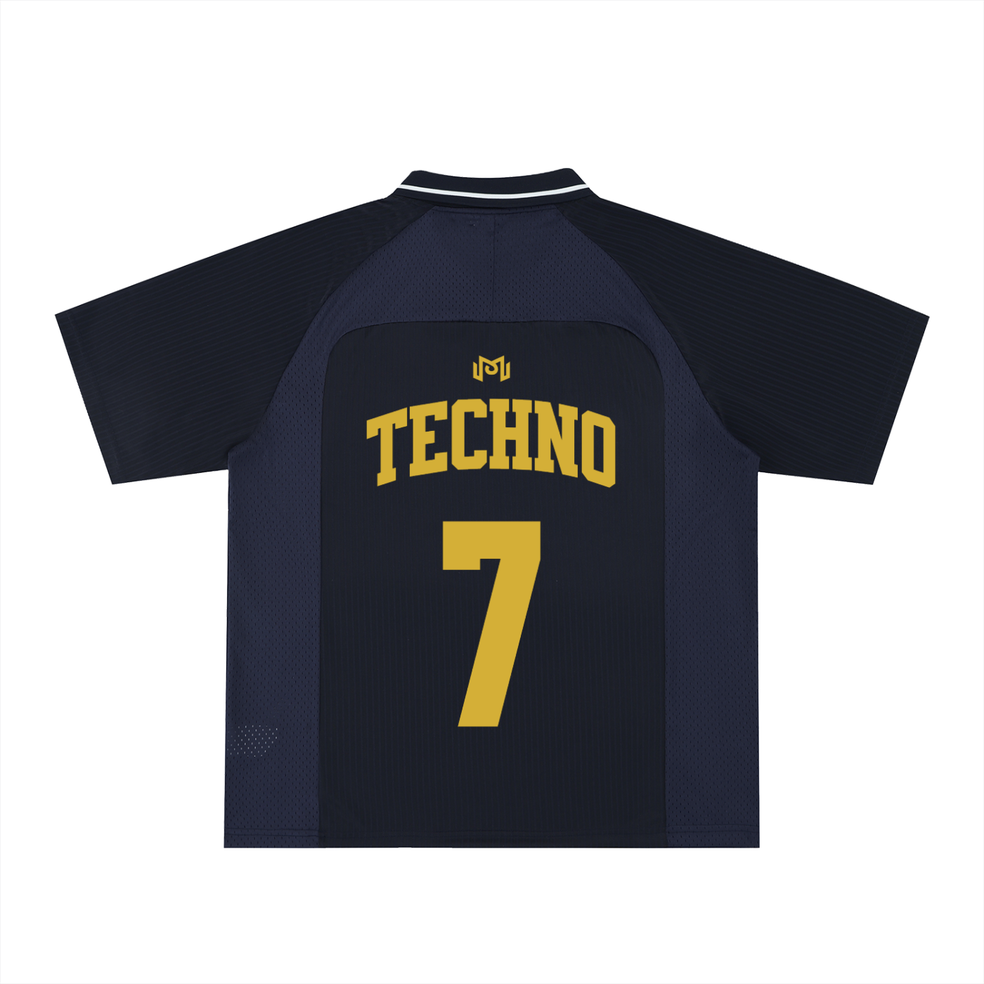Dos du maillot foot techno bleu marine – TECHNO doré, numéro 7, esprit rave et football streetwear