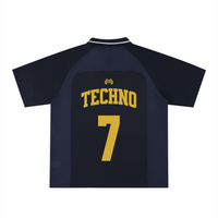 Dos du maillot foot techno bleu marine – TECHNO doré, numéro 7, esprit rave et football streetwear