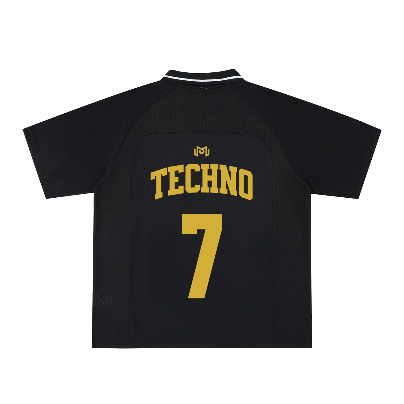 Dos du maillot foot techno noir – lettrage doré TECHNO, numéro 7 et monogramme couronne, style jersey rétro streetwear