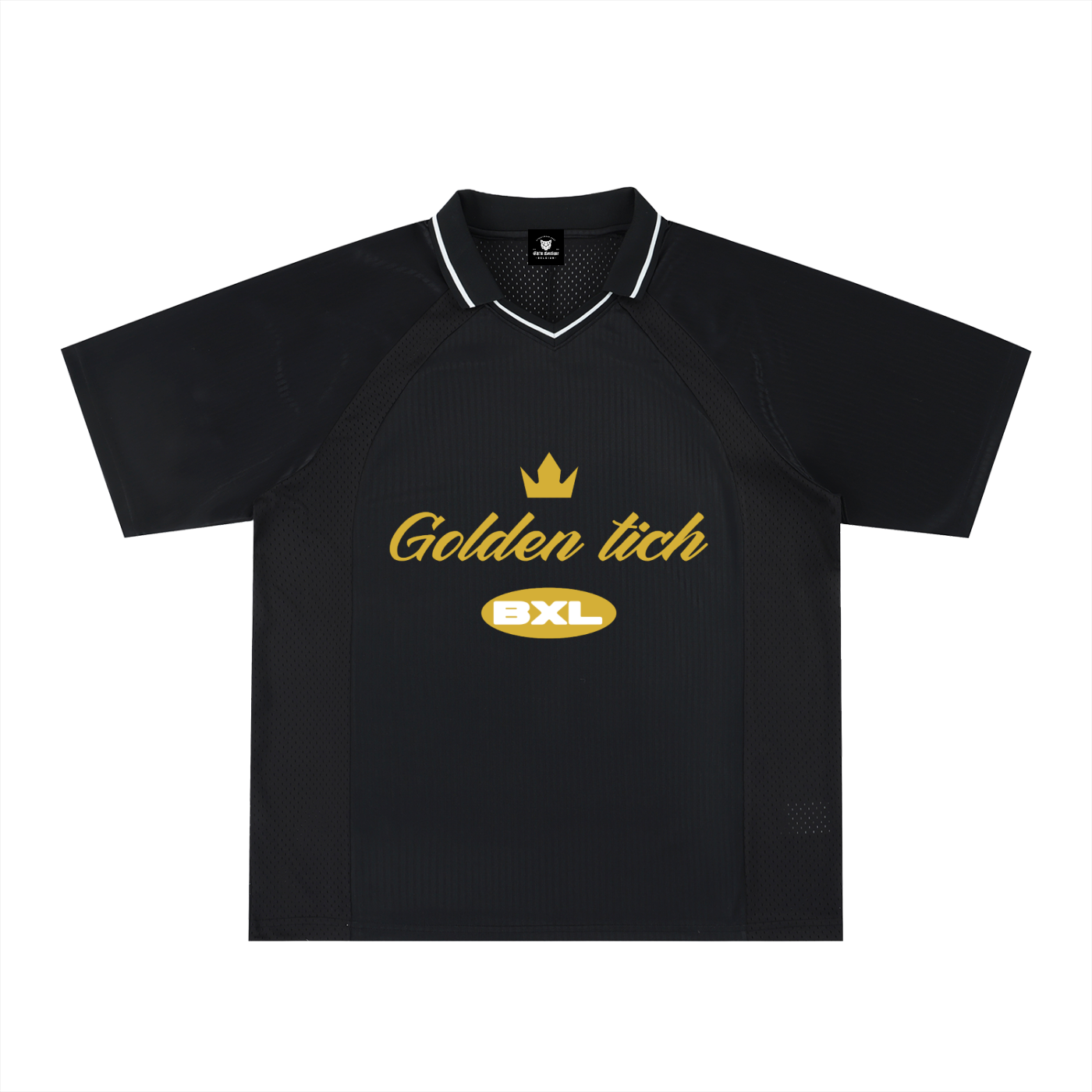 Maillot foot techno oversize noir – jersey rétro rave, design doré Golden Tich, couronne et badge BXL Bruxelles, col V