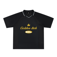 Maillot foot techno oversize noir – jersey rétro rave, design doré Golden Tich, couronne et badge BXL Bruxelles, col V