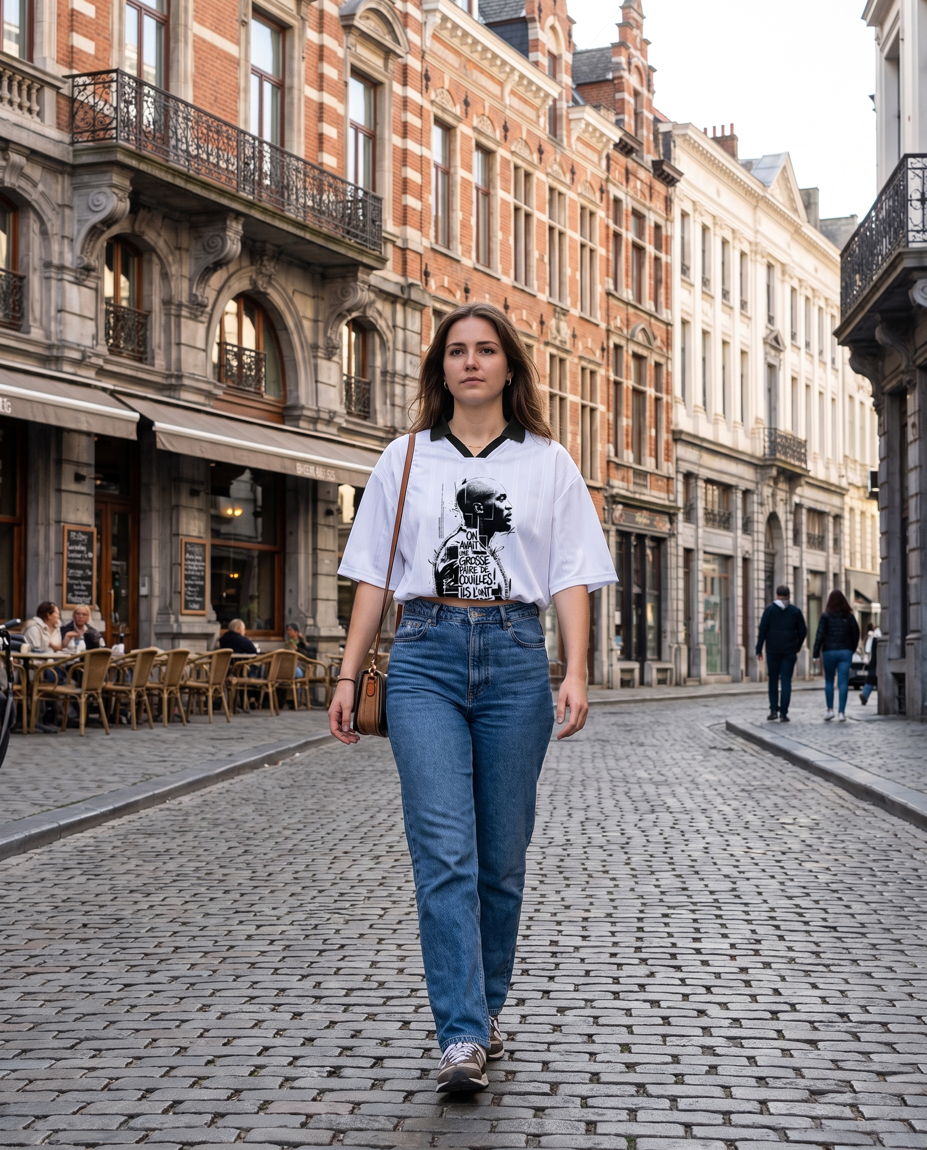 Maillot Lukaku Red Devils blanc porté en street style par une supportrice, vue de face
