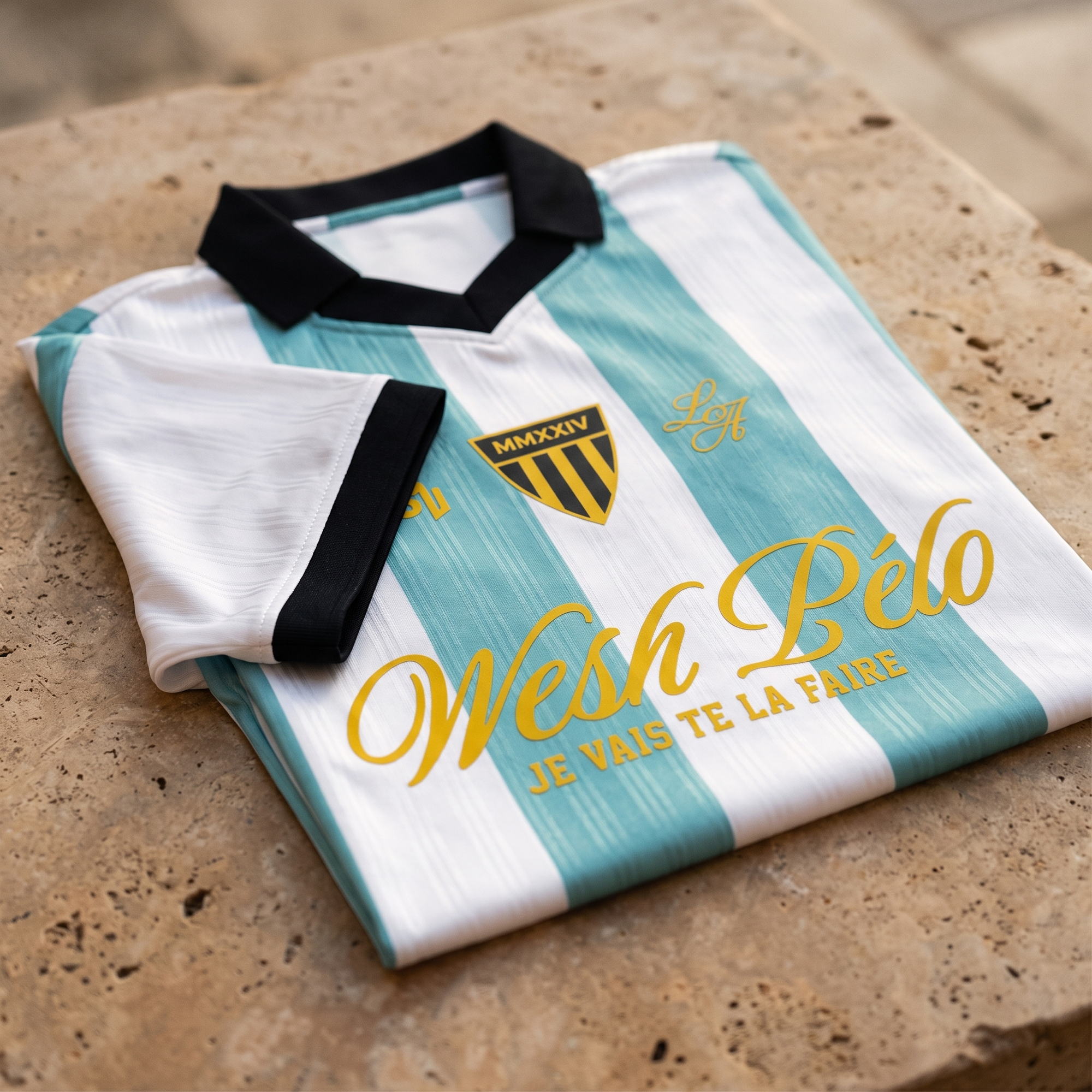 Détail du maillot Wesh Pélo Heneni : col noir, écusson MMXXIV et impression dorée Wesh Pélo