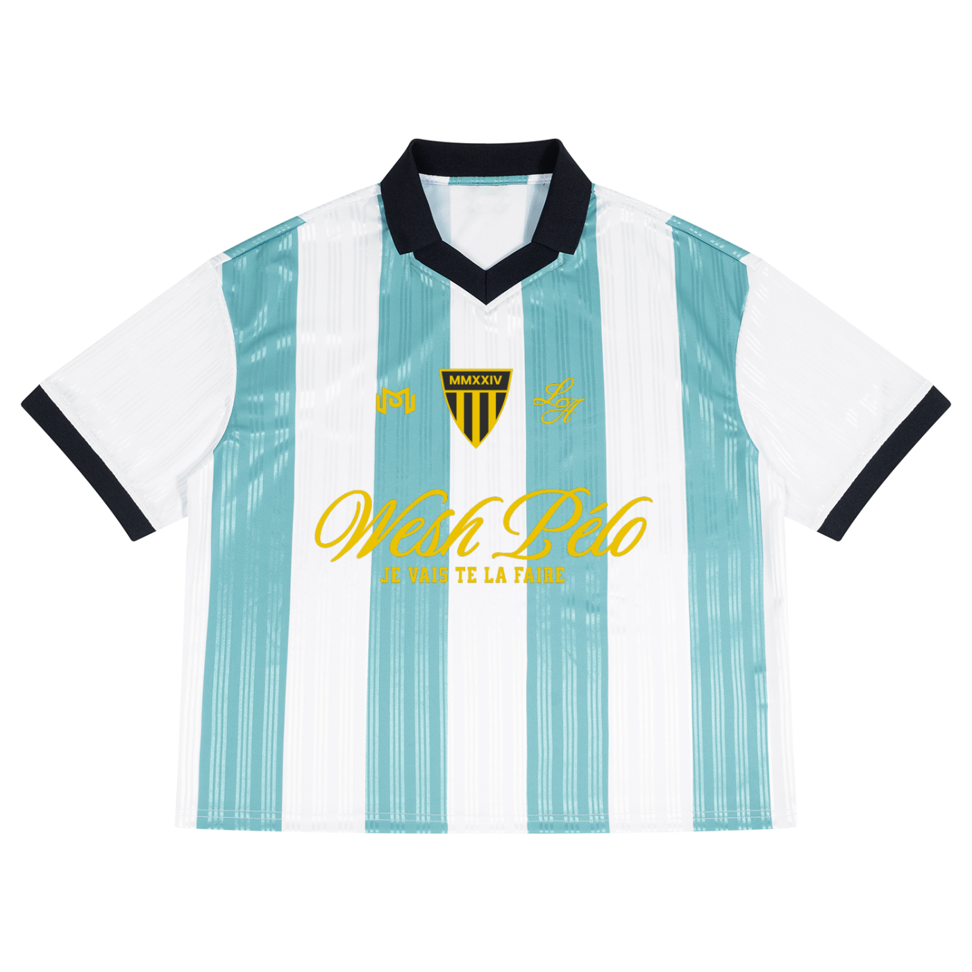 Maillot de foot Wesh Pélo Heneni original de face, rayures bleu ciel et blanc