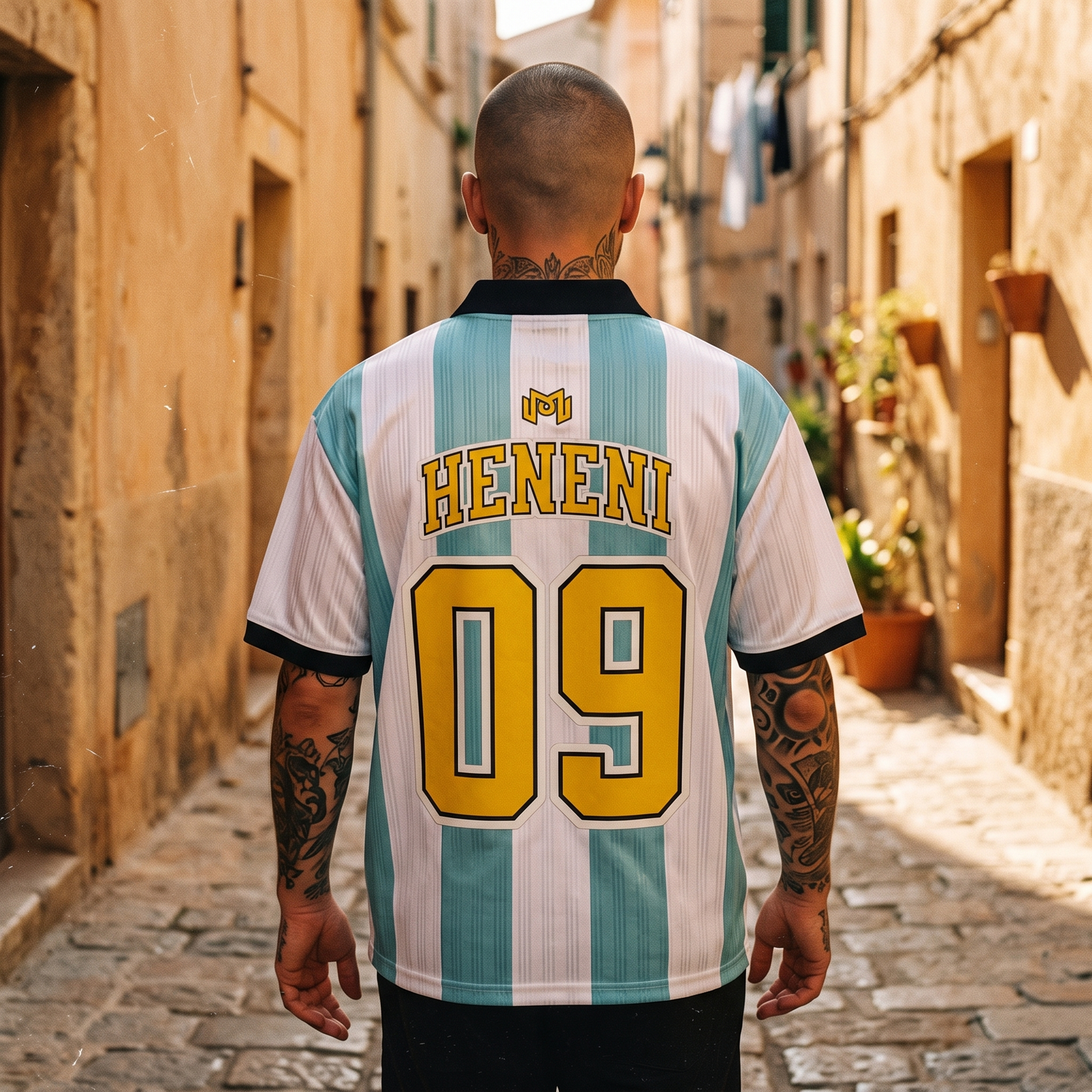 Dos du maillot Wesh Pélo Heneni floqué HENENI 09 doré, porté en streetwear