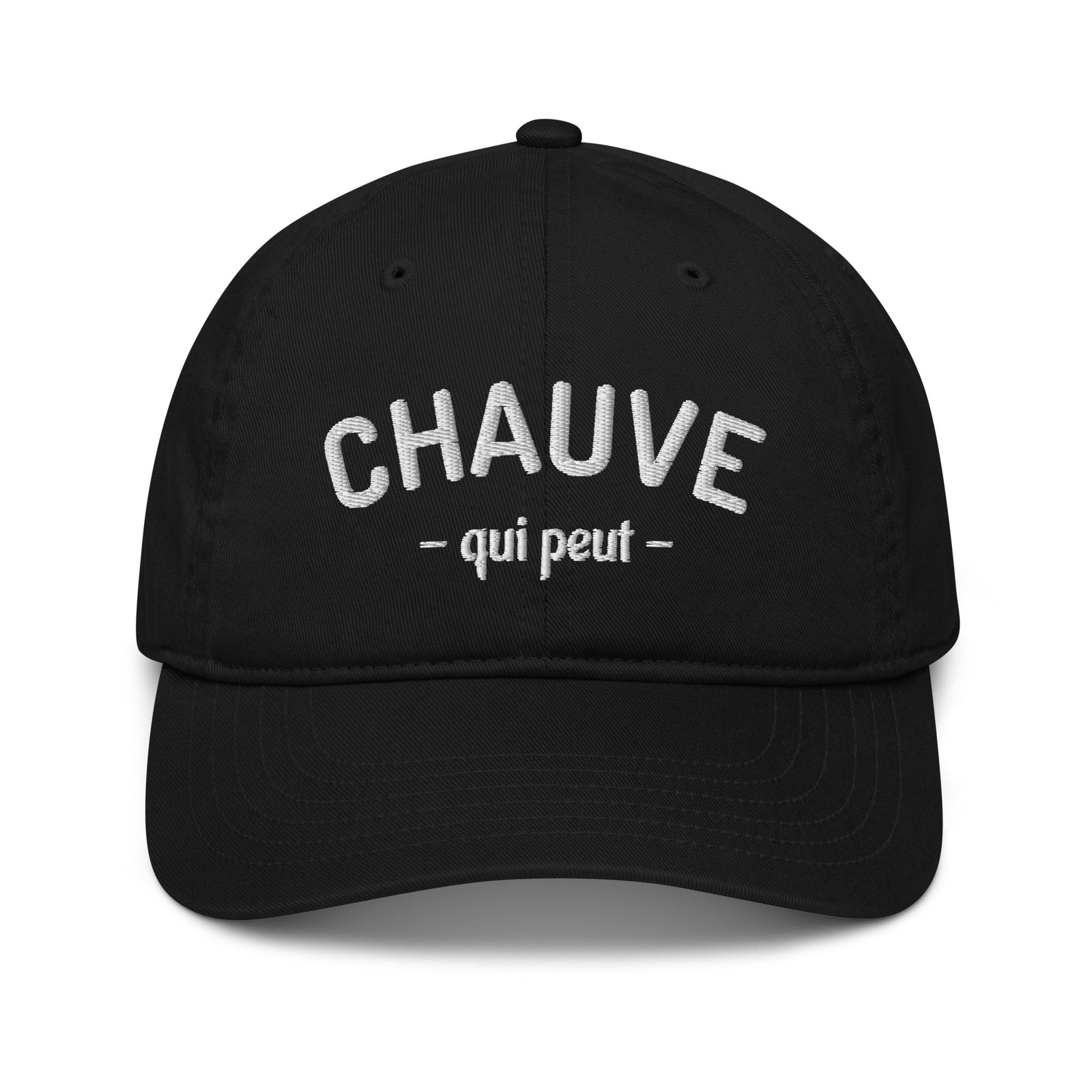 Casquette baseball chauve qui peut noir gros plan sur le tissu CHT'M Boutique