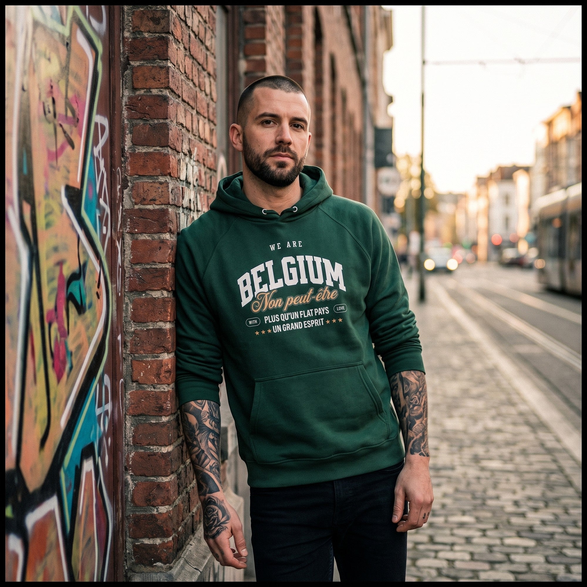 Pull belge original Non Peut-Être en look streetwear dans une rue pavée de Bruxelles