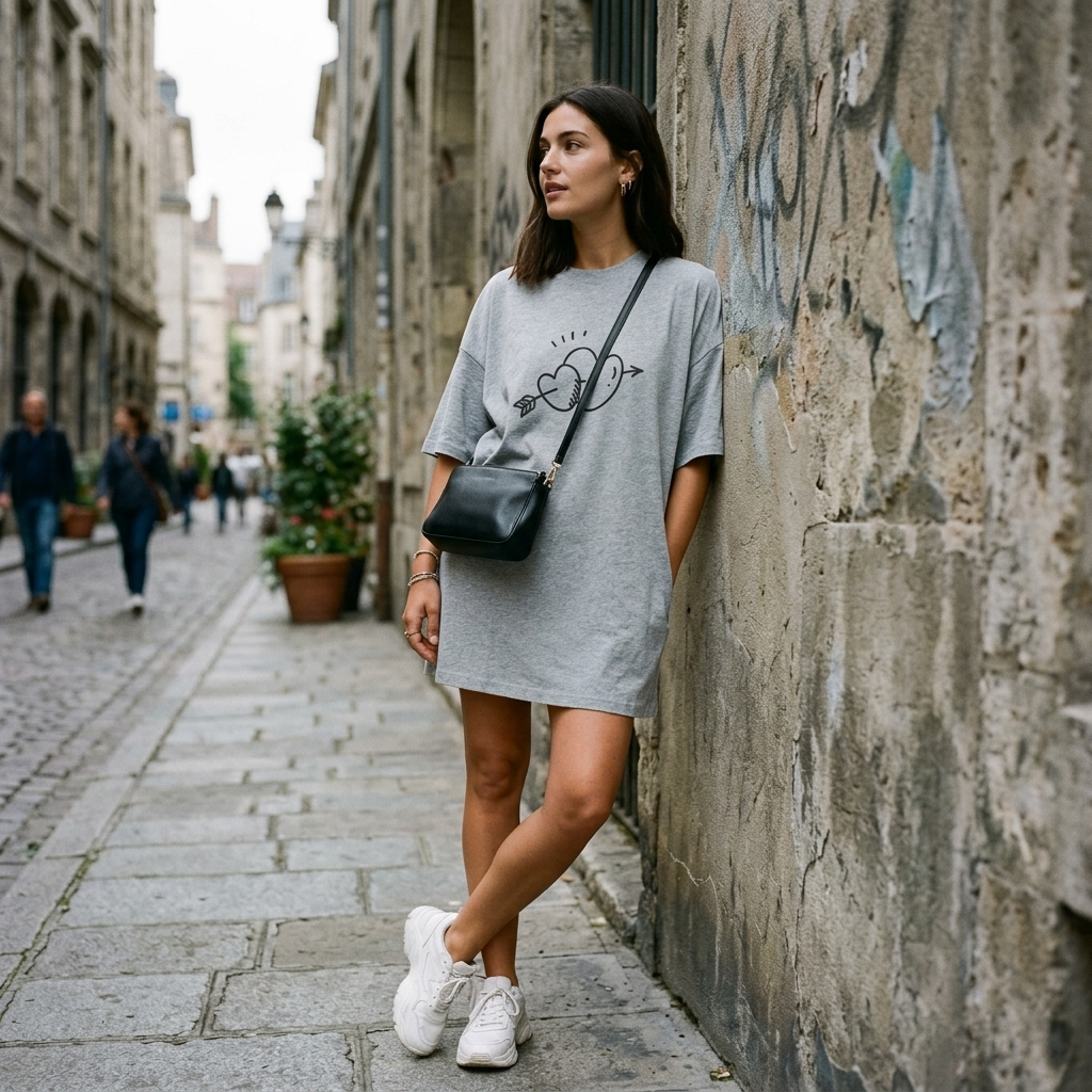 Robe t-shirt oversize femme portée en look street style urbain devant un mur graffiti