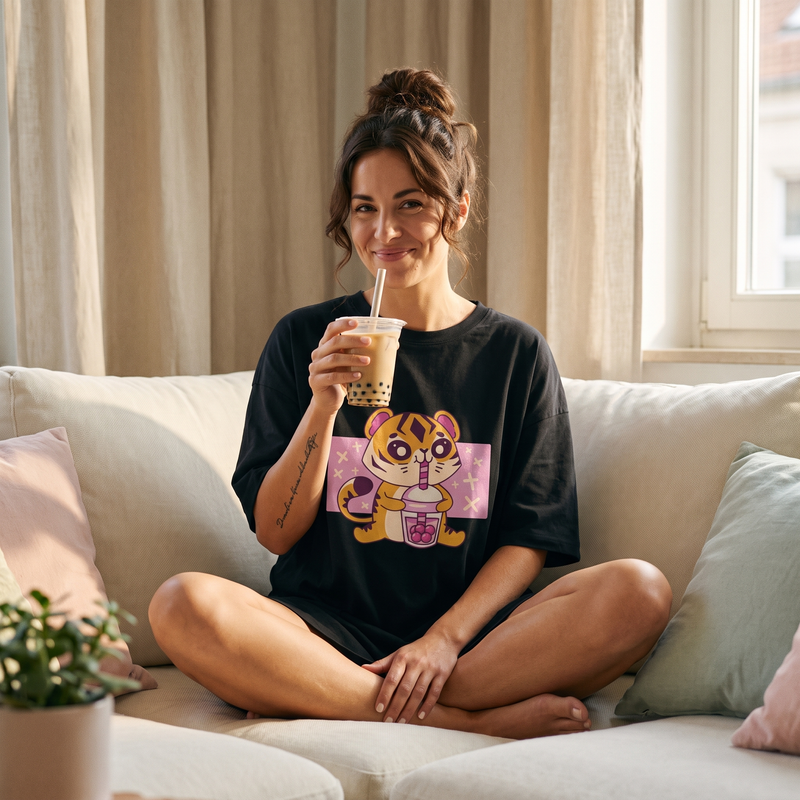 Robe t-shirt oversize noire chat manga kawaii portée à la maison avec un bubble tea