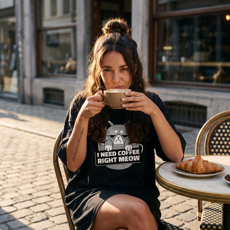 Robe t-shirt oversize noire I NEED COFFEE portée en terrasse de café belge au petit matin