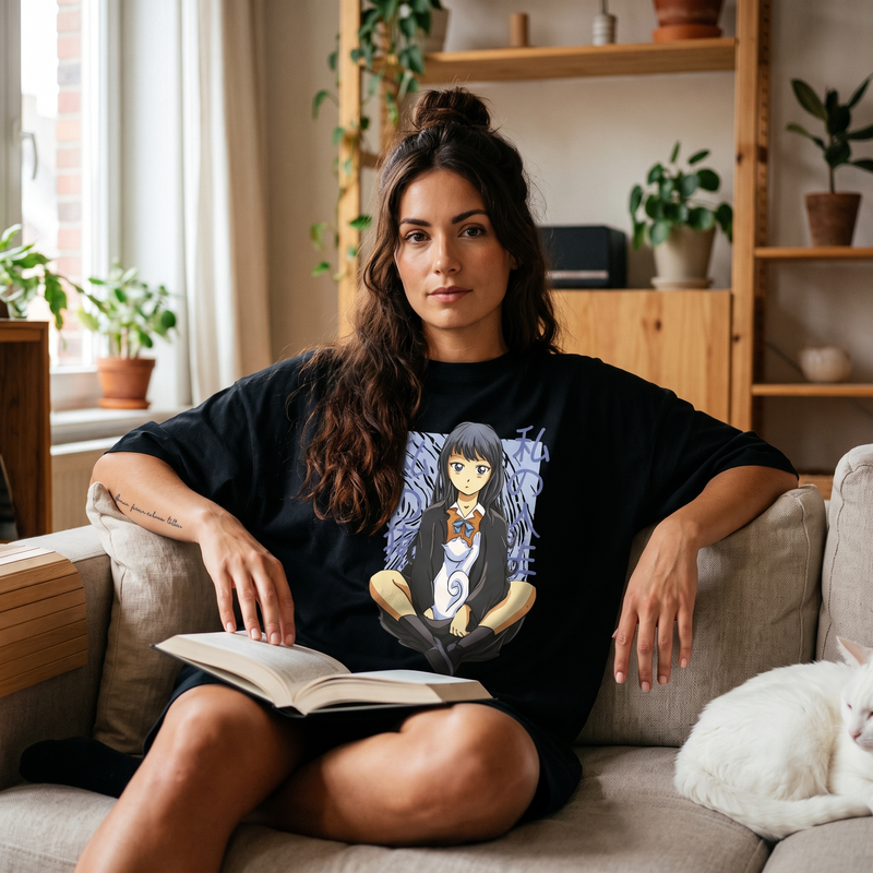 Robe t-shirt oversize noire streetwear original portée dans un salon cosy avec un livre
