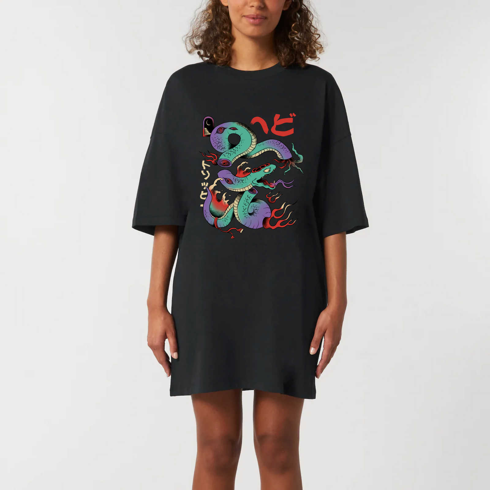Robe t-shirt oversize noire femme en coton bio - vue de face