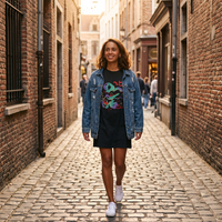 Robe t-shirt oversize noire femme en coton bio - look streetwear urbain avec veste en jean