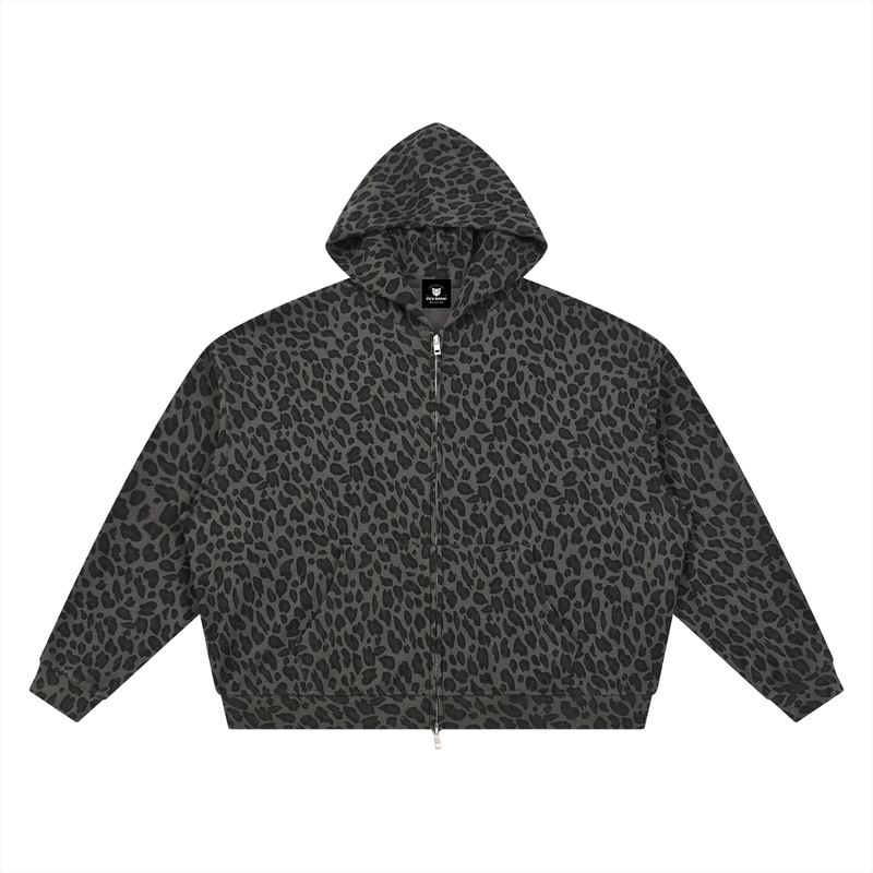 Sweat à capuche léopard noir zippé oversize unisexe - vue de face