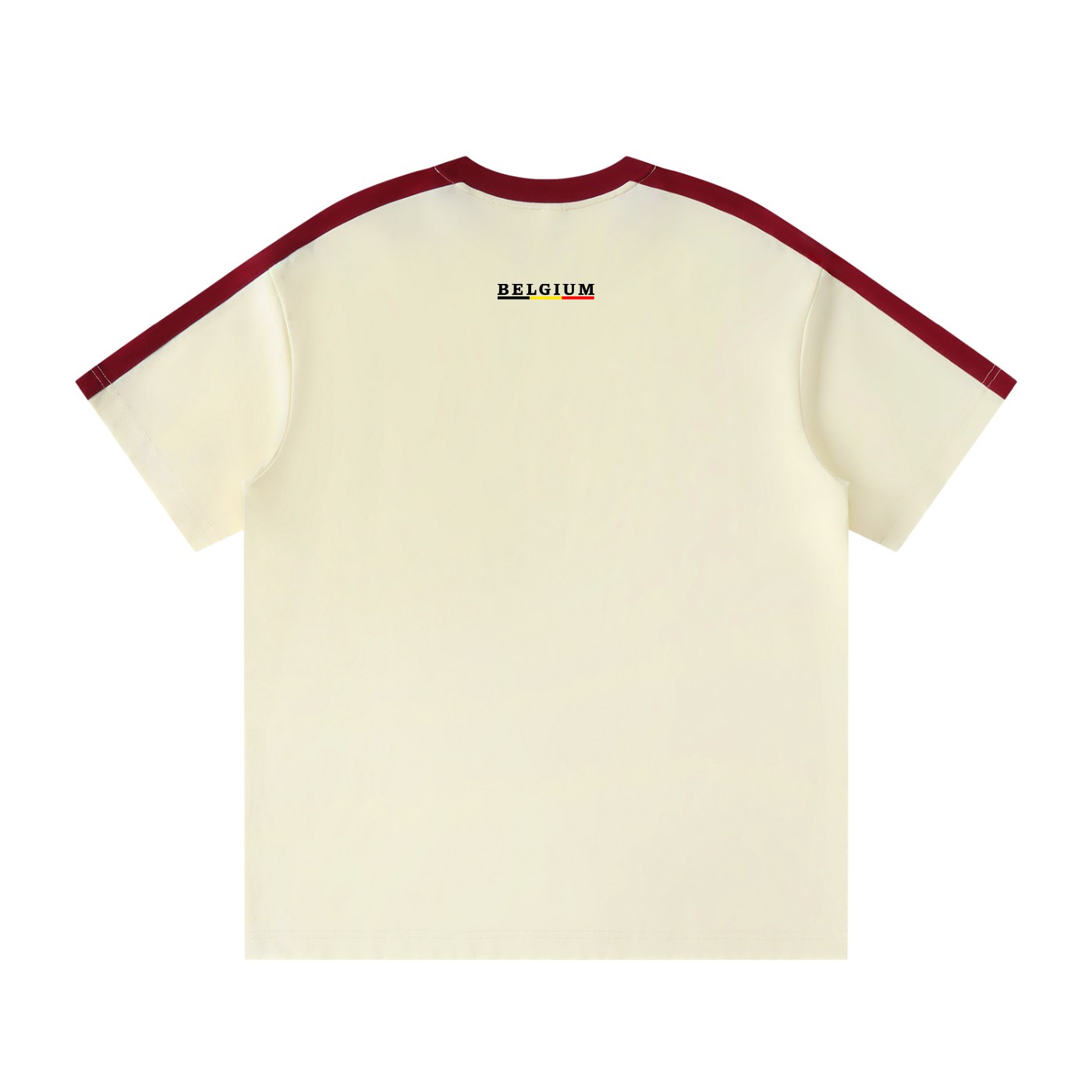 Dos du t-shirt 3 bandes CHT'M écru avec print BELGIUM et bandes bordeaux