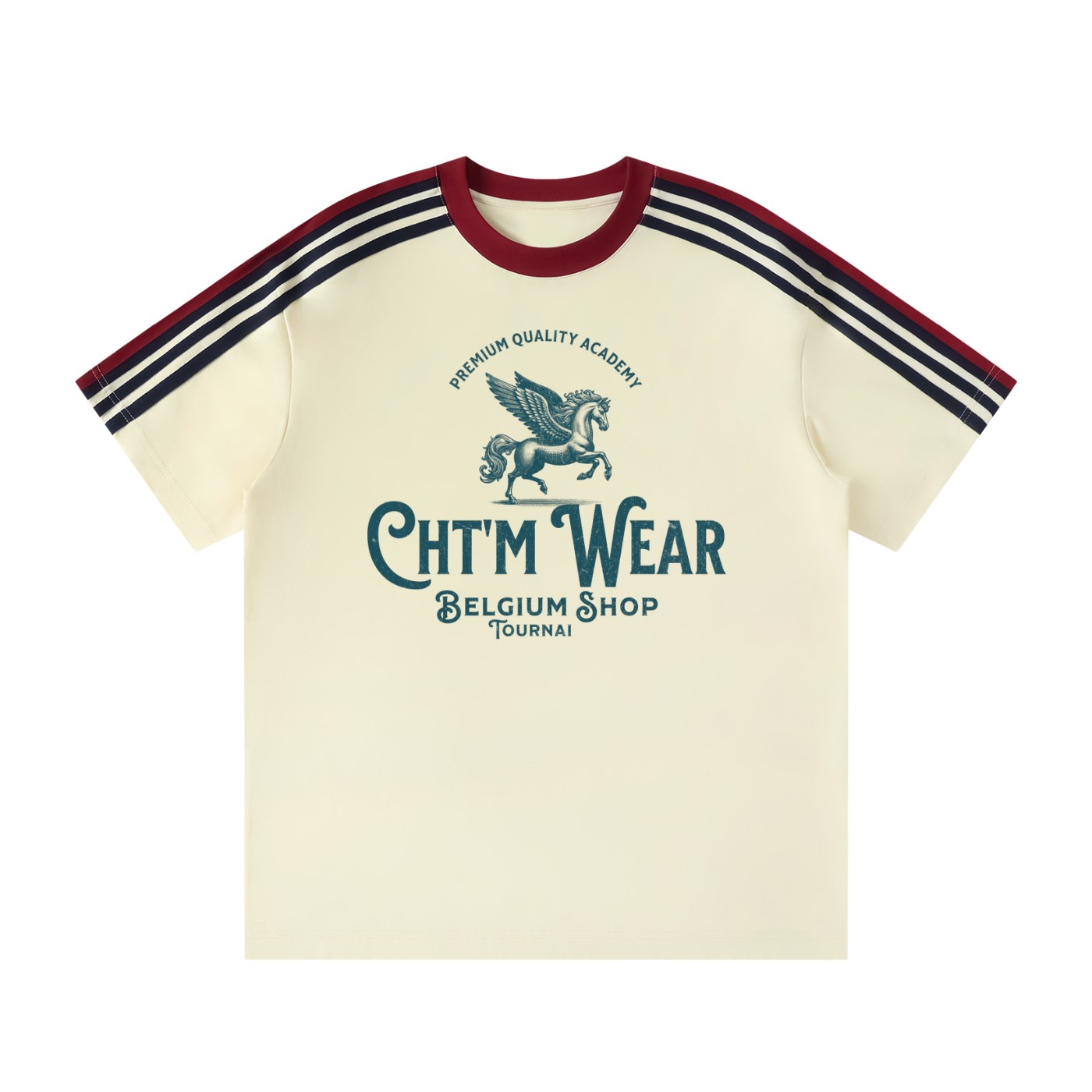 T-shirt 3 bandes original CHT'M Wear écru, print pégase vintage, vue de face